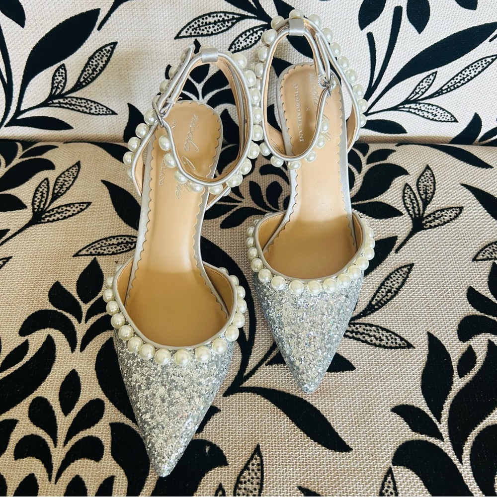 Nicola Bathie x Antonio Melani Glitter Pearls Ankle Strap Heels Size 6.5 Zapatos